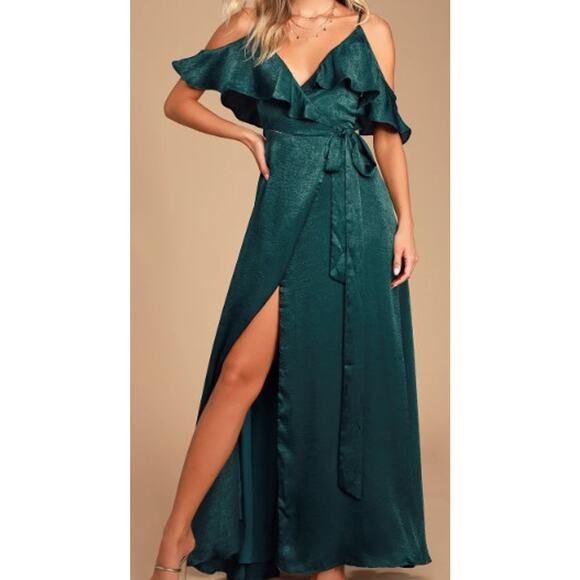 LULU'S SZ M Moriah Emerald Green Cold Shoulder Satin Wrap Maxi Dress NEW B128 - Picture 1 of 12